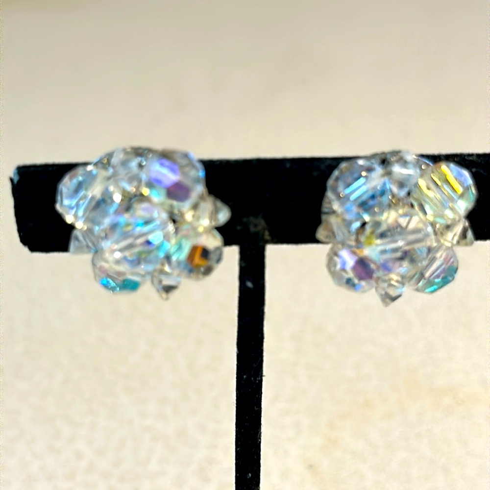 Vintage Coro silver tone crystal faceted bead clip on earrings #749